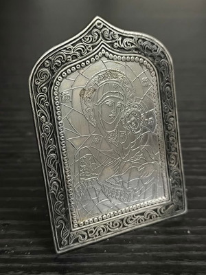 Silver Panagia used, large old piece 8.5x6 cm