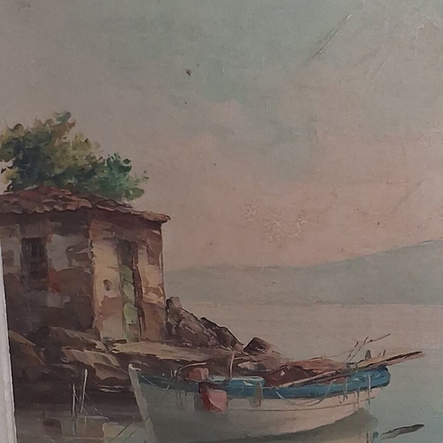 Kostopoulos Old Greek Seascape Oil Painting on Canvas with Embossed Frame