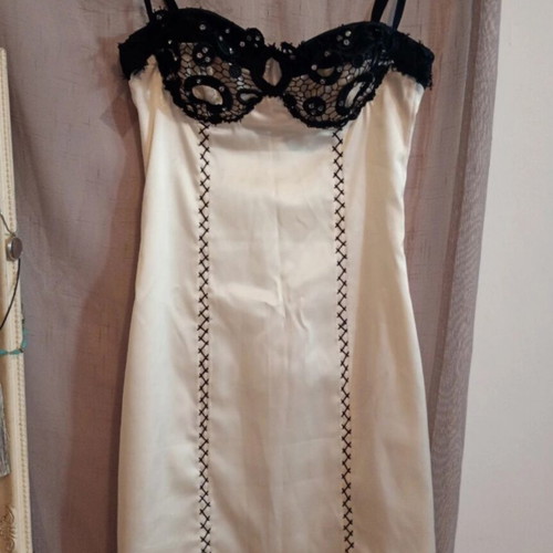 Tassos Mitropoulos short satin evening dress off white, S
