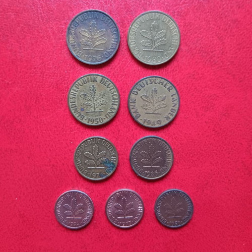 Lot of 10 coins of 1 mark and 10, 5 and 1 pfennig of Germany