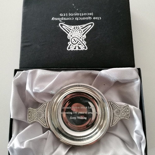 Vintage Scotland Quaich metal bowl used with Celtic engravings