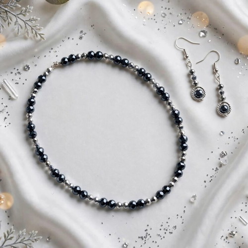 Handmade crystal beaded elegant jewelry set new, black and silver