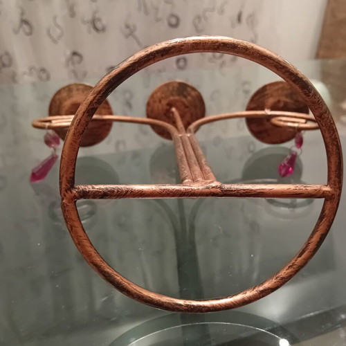 Metal candlestick with copper-bronze finish and purple beads, like new