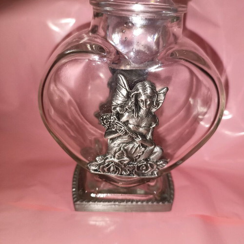 Vintage glass heart vase with metal fairy like new
