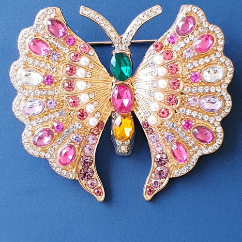 Vintage 70s large butterfly brooch, gold color with sparkling rhinestones