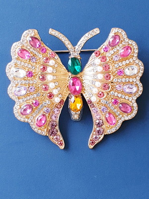 Vintage 70s large butterfly brooch, gold color with sparkling rhinestones