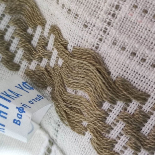 Cretan woven tablecloth new, ecru with khaki-gold patterns