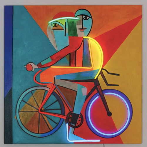 Πίνακας ζωγραφικής Abstract Cyclist σε καμβά σαν καινούργιο με LED φωτισμό