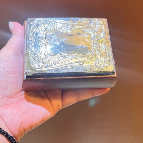 Vintage wooden jewelry box with silver-plated lid used
