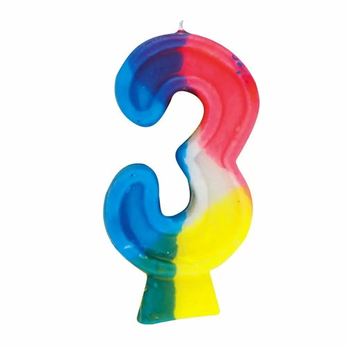 Birthday candle No 3 new, multicolored with holder base