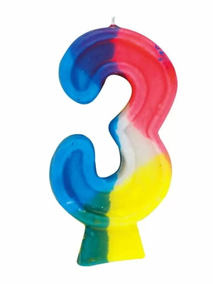 Birthday candle No 3 new, multicolored with holder base