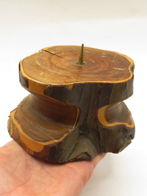 Vintage wooden candle holder natural wood stump 1980s
