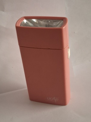 Vintage UCAR pocket flashlight, pink/salmon, 2×AA, fully functional