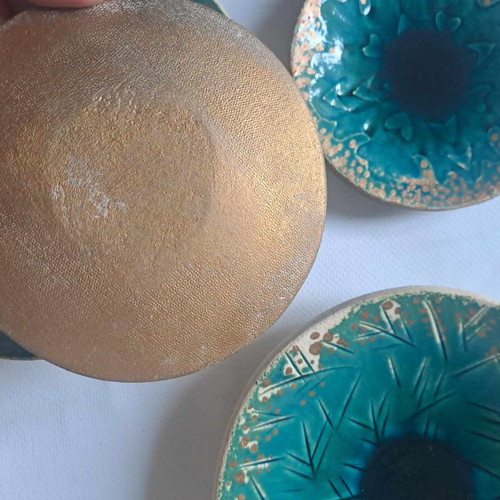 Ceramic handmade turquoise plates with gold details, set of 4 new
