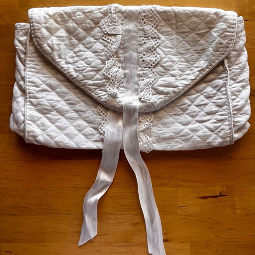 Cotton fabric toiletry bag with acrylic interior used