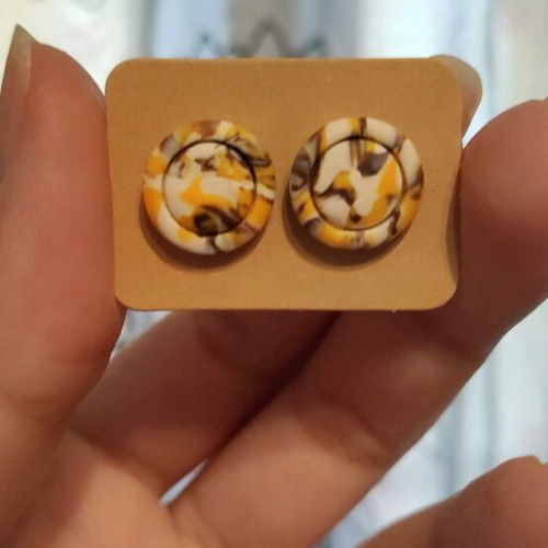 Earrings new polymer clay brown and yellow