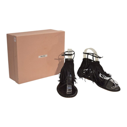 Miu Miu black suede gladiator flat sandals with fringes
