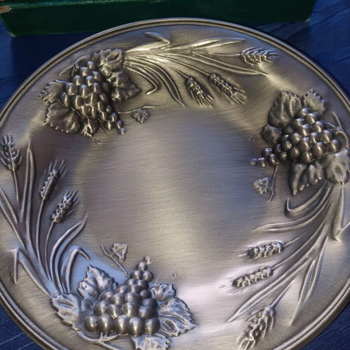 Metal Decorative Plate with Embossed Grapes and Wheat used, with box