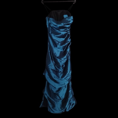 Evening dress, turquoise satin with ruching, size S