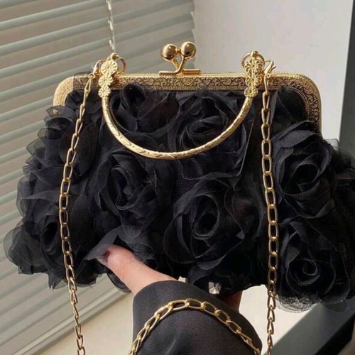 Shein Chain Flower Clutch Bag, black