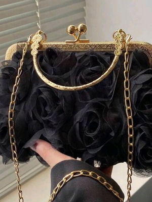 Shein Chain Flower Clutch Bag, black