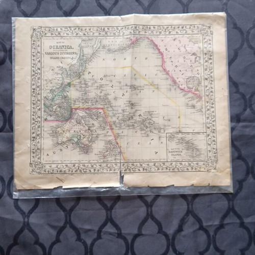 Map of Oceania 1890 used, hand-colored by Samuel Augustus Mitchell