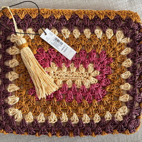 Monsoon crochet clutch bag new, beige and purple