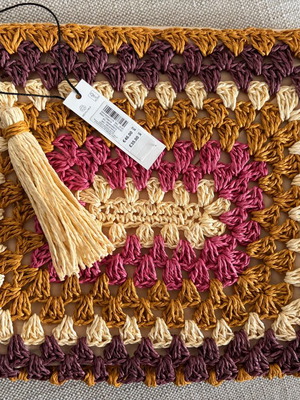 Monsoon crochet clutch bag new, beige and purple