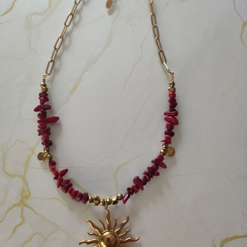 Summer necklace with sun pendant, agate stones, stainless steel