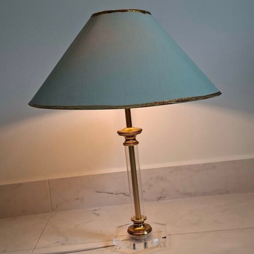 Table lamp used, 1960s plexiglass with fabric shade Hollywood Regency style