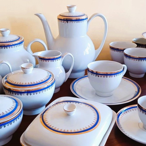 Cmielow coffee and tea set used, porcelain with gold finish