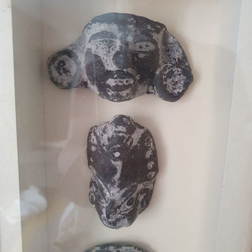 Pre-Columbian art masks used, set of 6 in wooden frame with glass