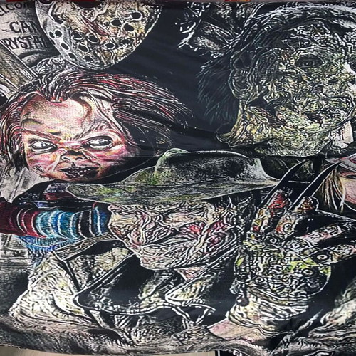 Vintage horror blanket used with graphic print, large 2x2.2m