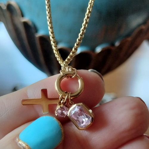 Stainless Steel Gold Necklace with Cross and Pink Crystals new