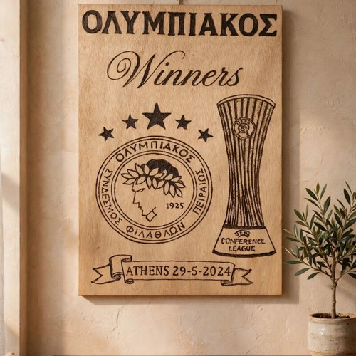 Handmade Olympiakos pyrography on sea wood A4