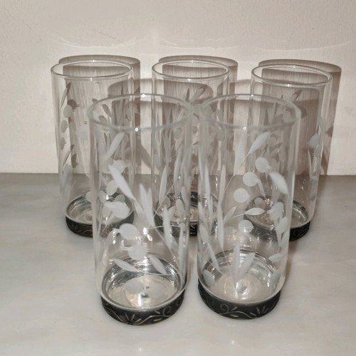 Vintage vodka/ouzo/cognac glasses set of 5, crystal and copper-nickel, like new