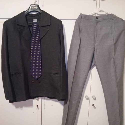 Suit set used with blazer, trousers and tie gray-blue