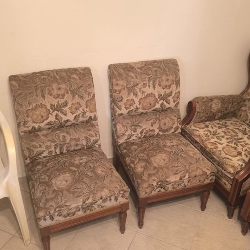 Velvet sofa set with 4 armchairs and 3 tables, carved beech wood