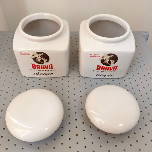 Vintage Bravo Coffee Greece porcelain coffee and sugar containers, 90 years anniversary