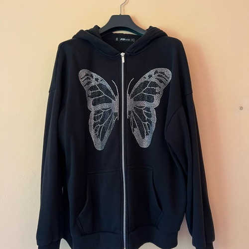 Black anorak with silver stone butterfly and hood size S like new, 100% cotton