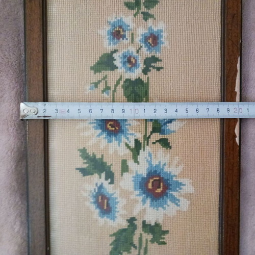 Vintage embroidered textile painting flowers used, framed