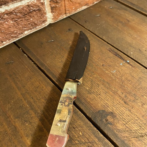 Old Cretan knife with mantinada used, with sheath, 24 cm
