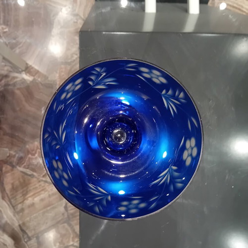 Vintage Bohemia cobalt blue crystal fondue bowl with floral carving, like new