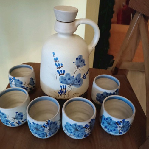 Ceramic jug with cups like new, hand-painted set