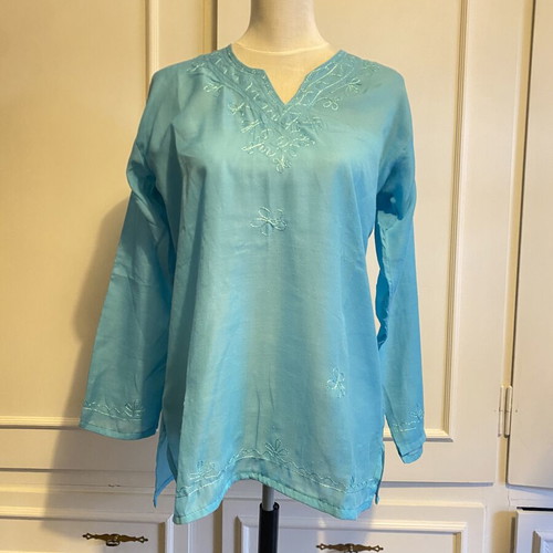Indian cotton tunic kaftan like new, turquoise blue with embroidery
