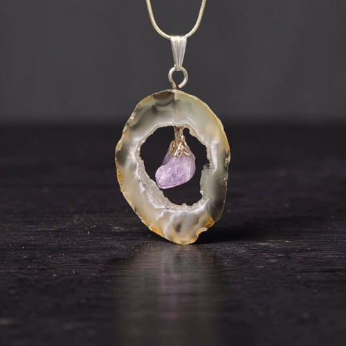 Handmade Pendant with Natural Black Agate and Raw Amethyst new