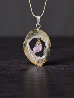 Handmade Pendant with Natural Black Agate and Raw Amethyst new