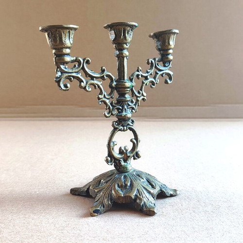Vintage brass three-arm table candlestick used with neobaroque decoration 1950s