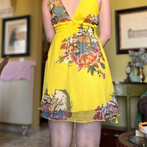 Bright Yellow Tropical Floral Chiffon Mini Dress very good condition