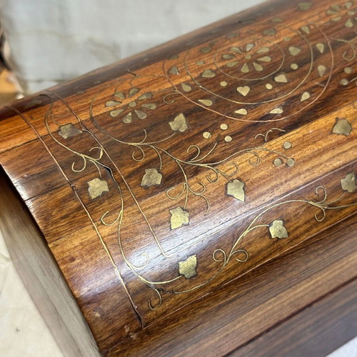 Vintage wooden chest with brass inlay used